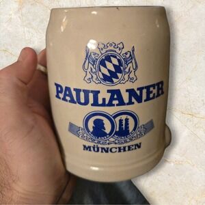 VTG Paulaner Munich Beer Stein 0.5L Gray Stoneware Blue Logo Crown FS German Mug